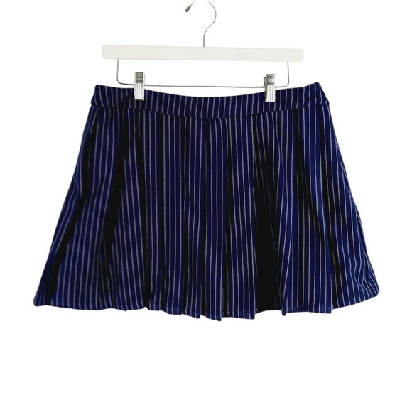 Akira, "What's the Tea" Navy Pinstripe Mini Pleated Skirt, Size XL, Inner Shorts - Picture 1 of 11